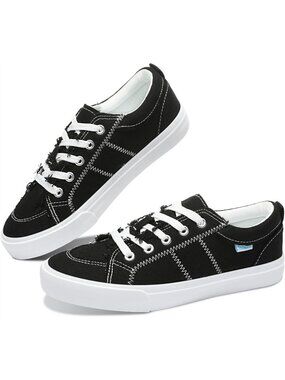 Women's Black Lace up Flat for Lady Canvas Shoes Fashion Sneakers